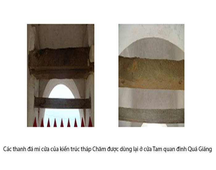Các thanh đá mi cửa của kiến trúc tháp Chăm được dùng lại ở cửa Tam quan đình Quá Giáng