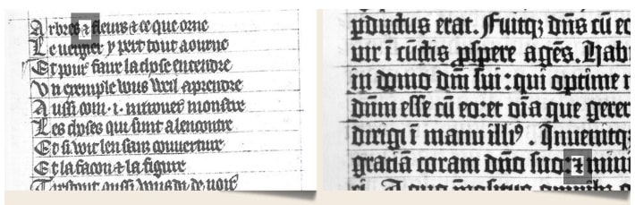 Bên trái: Tironian và chi tiết này từ bản thảo thế kỷ 14, được viết bằng chữ Textualis Formata. Ví dụ đầu tiên ở dòng đầu: Arbres et fleurs et ce que orne. Bên phải: chi tiết từ 42 dòng Kinh Thánh của Gutenberg (khoảng năm 1455). Chú ý tironian et trên dòng cuối cùng.