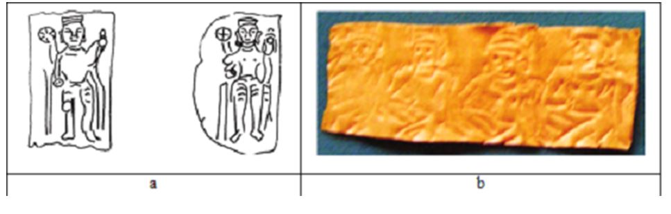 a: Hình thần Vishnu trên mảnh vàng, di chỉ Gò Tháp; b: Hình thần khắc trên mảnh vàng, Cát Tiên. (ảnh: Nguyễn Tiến Đông); (Lê Thị Liên, 2011).