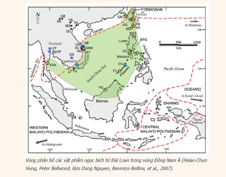 Vùng phân bố các vật phẩm ngọc bích từ Đài Loan trong vùng Đông Nam Á (Hsiao-Chun Hung, Peter Bellwood, Kim Dung Nguyen, Berenice Bellina, et al., 2007).