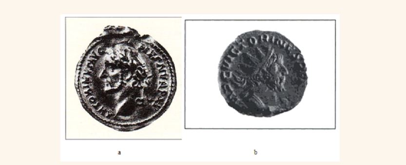 a: Đồng tiền Roma thời hoàng đế Antonius Pius tìm thấy ở Óc Eo (Charles Higham, Early cultures of mainland Southeast Asia, 2002). b: Đồng tiền Roma thời hoàng đế Victorius (268-70), được đúc ở Cologne (Đức), được phát hiện tại U-Thong (Thailand). (Ian Glover 1989).