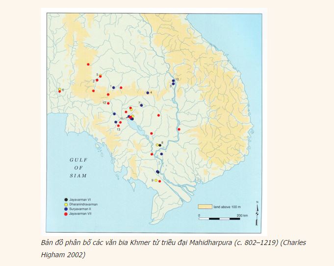 Bản đồ phân bố các văn bia Khmer từ triều đại Mahidharpura (c. 802–1219) (Charles Higham 2002)