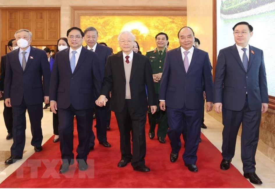 Tổng Bí thư Nguyễn Phú Trọng cùng các lãnh đạo Đảng, Nhà nước và đại biểu đến dự hội nghị. (Ảnh: Trí Dũng/TTXVN)