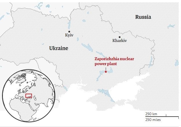 Vị trí nhà máy điện hạt nhân Zaporizhzhia. Đồ hoạ: Guardian Vị trí nhà máy điện hạt nhân Zaporizhzhia. Đồ hoạ: Guardian