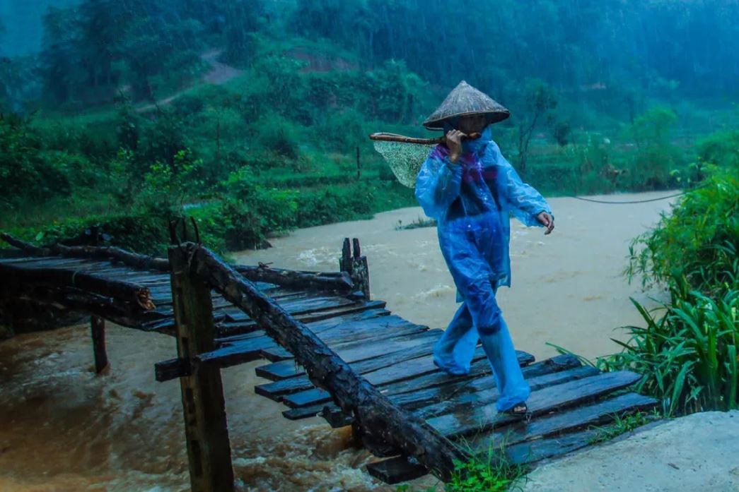 Người dân đi bắt cá trong cơn mưa ở Son Bá Mười, Thanh Hóa.
