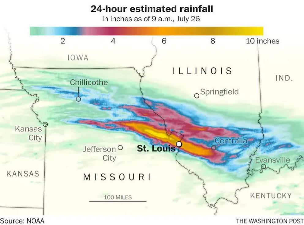 Vào hôm 25/7/2022, cư dân của St. Louis (thành phố lớn thứ hai của bang Missouri, Mỹ) đã thức dậy trong tình trạng khẩn cấp về lũ quét, với một số cuộc cứu hộ được tiến hành khẩn cấp khi những trận mưa như trút nước bao phủ thành phố hàng giờ liền. Vào hôm 25/7/2022, cư dân của St. Louis (thành phố lớn thứ hai của bang Missouri, Mỹ) đã thức dậy trong tình trạng khẩn cấp về lũ quét, với một số cuộc cứu hộ được tiến hành khẩn cấp khi những trận mưa như trút nước bao phủ thành phố hàng giờ liền.