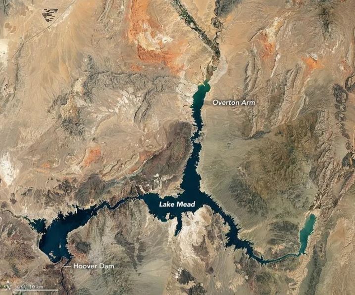Hinh anh ve tinh cua ho Mead nam 2022 - NASA công bố hình hồ cấp nước lớn nhất của Mỹ cạn nghiêm trọng