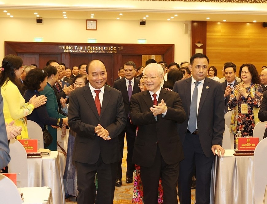 Tổng Bí thư Nguyễn Phú Trọng và Chủ tịch nước Nguyễn Xuân Phúc đến dự lễ kỷ niệm 30 năm tái lập Văn phòng Chủ tịch nước.