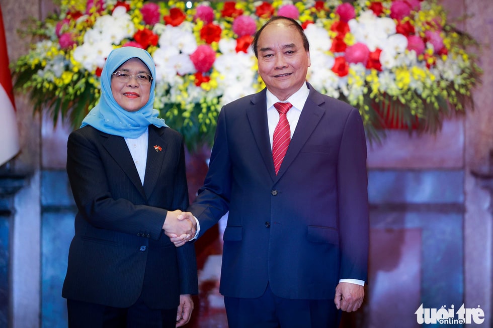 Chủ tịch nước Nguyễn Xuân Phúc và Tổng thống Singapore Halimah Yacob bắt tay trước khi bước vào cuộc hội đàm chính thức - Ảnh: NGUYỄN KHÁNH