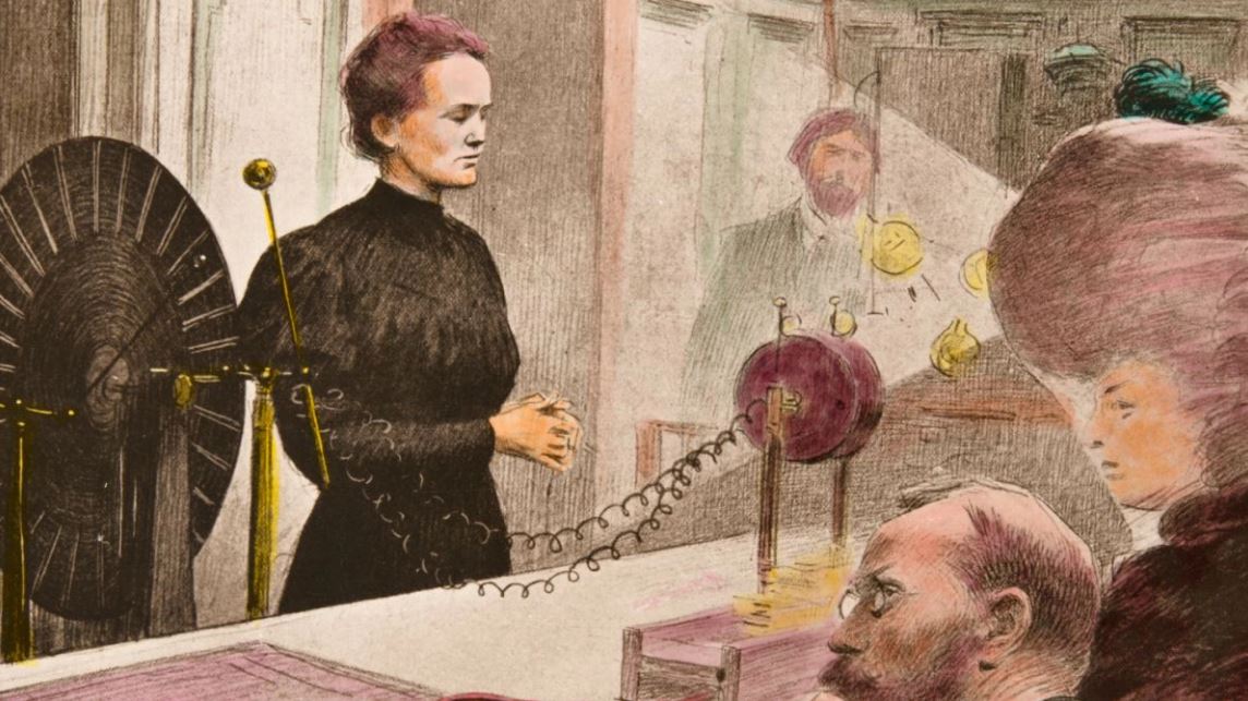Tranh khắc Marie Curie đang giảng dạy tại Đại học Sorbonne.