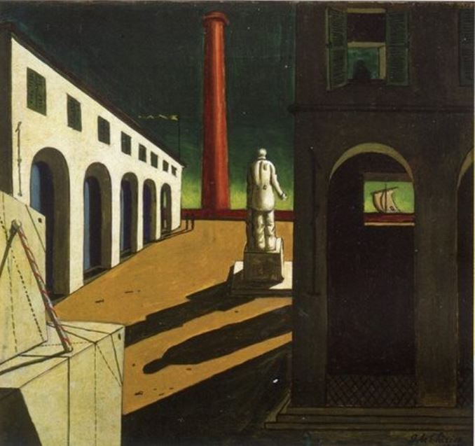 Tác phẩm Niềm kinh hãi đợi chờ (sơn dầu) của Giorgio de Chirico, được vẽ năm 1914.