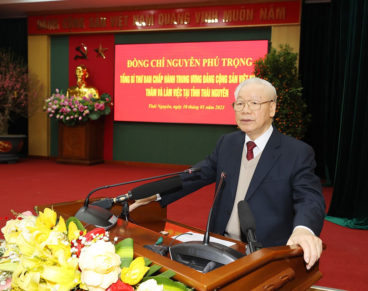 Tổng Bí thư Nguyễn Phú Trọng phát biểu tại buổi làm việc với Ban Thường vụ và lãnh đạo tỉnh Thái Nguyên.