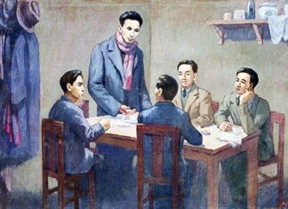 Hội nghị thành lập Đảng Cộng sản Việt Nam ngày 3/2/1930 (Ảnh chụp lại tranh của họa sĩ Phi Hoanh tại Bảo tàng Lịch sử Quốc gia/Nguồn: Website Đảng Cộng sản Việt Nam)