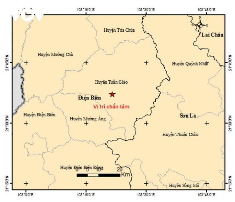 Vi tri chan tam cua tran dong dat min - Động đất 3,2 độ richter xảy ra trong đêm tại Điện Biên