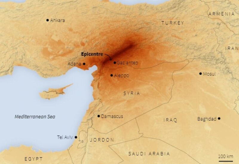 Tâm chấn trận động đất sáng 6/2 nằm giữa Thổ Nhĩ Kỳ và Syria