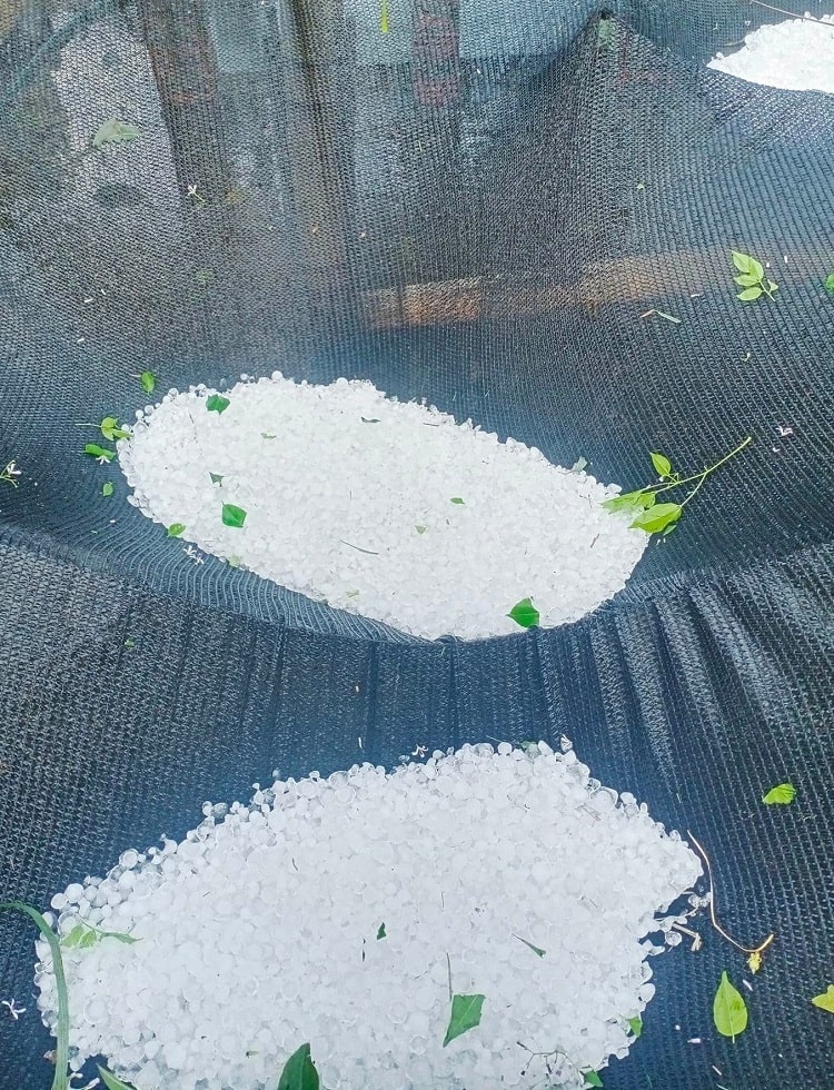 Mưa đá xuất hiện kèm tố lốc khiến nhiều nhà dân hư hỏng.