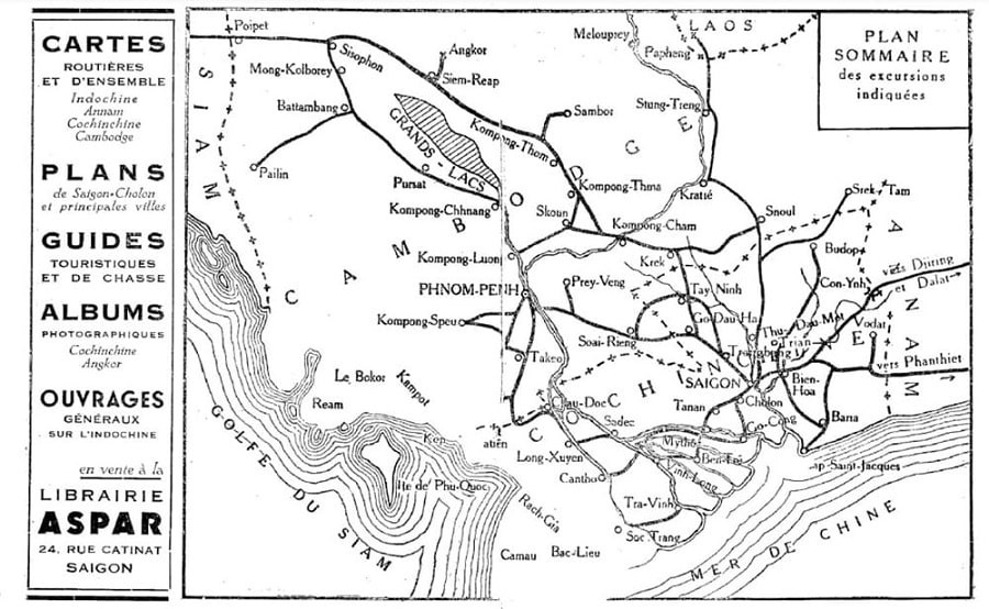 Bản đồ du lịch Nam Đông Dương trước 1945, thể hiện các tuyến đường thủy, bộ và đường sắt từ Sài Gòn đi đồng bằng sông Cửu Long, miền Trung, Tây Nguyên, Campuchia và Lào. Bằng đường sông, từ Sài Gòn lên Phnom Penh sẽ qua Gò Công, Mỹ Tho, Sa Đéc, Châu Đốc, sau đó qua Campuchia