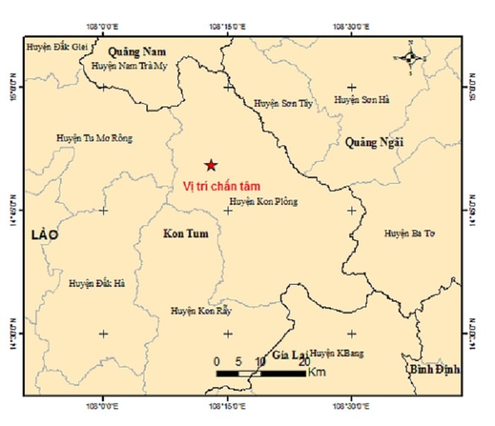 Bản đồ tâm chấn động đất tại Kon Tum. Ảnh: Trung tâm Báo tin Động đất và Cảnh báo sóng thần, Viện Vật lý Địa cầu. 
