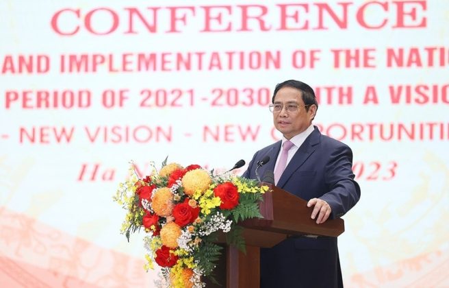 Thủ tướng Phạm Minh Chính phát biểu tại hội nghị công bố và triển khai thực hiện Quy hoạch tổng thể đất nước thời kỳ 2021-2030, tầm nhìn đến năm 2050. (Ảnh: Dương Giang/TTXVN)