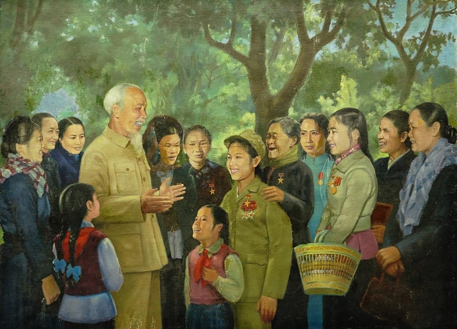 Bác Hồ với nữ chiến sĩ thi đua miền Bắc _Tranh của họa sĩ Vương Trình, sáng tác năm 1967