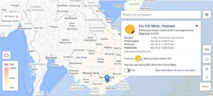 Nhật thực tại TP HCM sẽ chỉ trông như Mặt Trăng "cắn mẻ" một chút Mặt Trời - Ảnh: TIME AND DATE