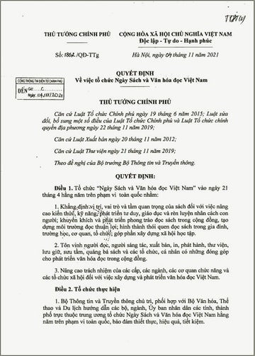 Quyết định số 1862/QĐ-TTg, ngày 4.11.2021 về tổ chức Ngày Sách và Văn hóa đọc Việt Nam. Quyết định số 1862/QĐ-TTg, ngày 4.11.2021 về tổ chức Ngày Sách và Văn hóa đọc Việt Nam.
