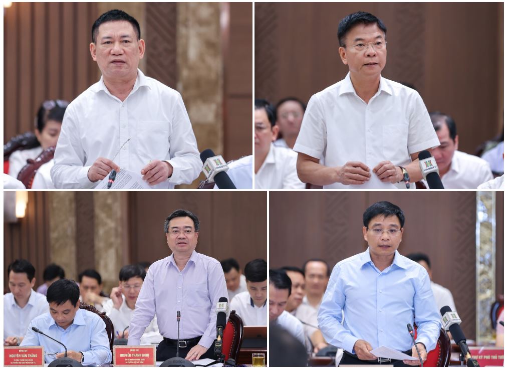 Bộ trưởng Tài chính, Tư pháp, Xây dựng, Giao thông vận tải nêu các nội dung, kiến ​​nghị nhằm thúc đẩy Hà Nội phát triển kinh tế - xã hội trên nhiều lĩnh vực.  Ảnh: VGP.