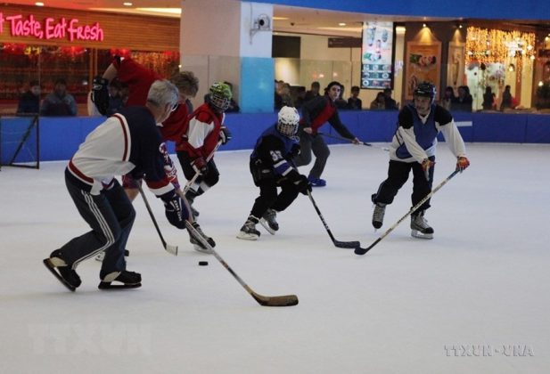 Thi đấu hữu nghị kh&uacute;c c&ocirc;n cầu tr&ecirc;n băng Việt Nam-Canada tại s&acirc;n băng Ice Ring (Royal City), năm 2014. (Ảnh: Trần Việt/TTXVN)