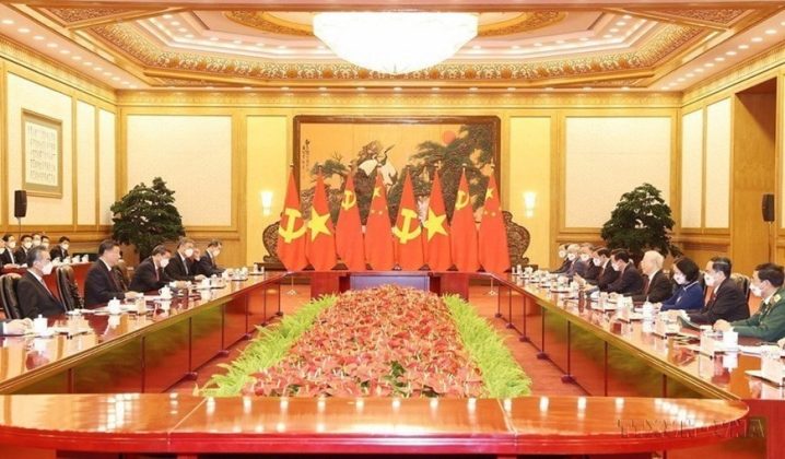 Tổng B&iacute; thư Nguyễn Ph&uacute; Trọng hội đ&agrave;m với Tổng B&iacute; thư, Chủ tịch Trung Quốc Tập Cận B&igrave;nh trong chuyến thăm ch&iacute;nh thức Trung Quốc, ng&agrave;y 31/10/2022. (Ảnh: Tr&iacute; Dũng/TTXVN)