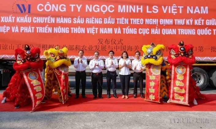 Cần Thơ tổ chức lễ xuất khẩu chuyến h&agrave;ng sầu ri&ecirc;ng đầu ti&ecirc;n theo Nghị định thư k&yacute; kết giữa Bộ N&ocirc;ng nghiệp v&agrave; Ph&aacute;t triển N&ocirc;ng th&ocirc;n Việt Nam với Tổng cục Hải quan Trung Quốc. (Ảnh: Thanh Li&ecirc;m/TTXVN)
