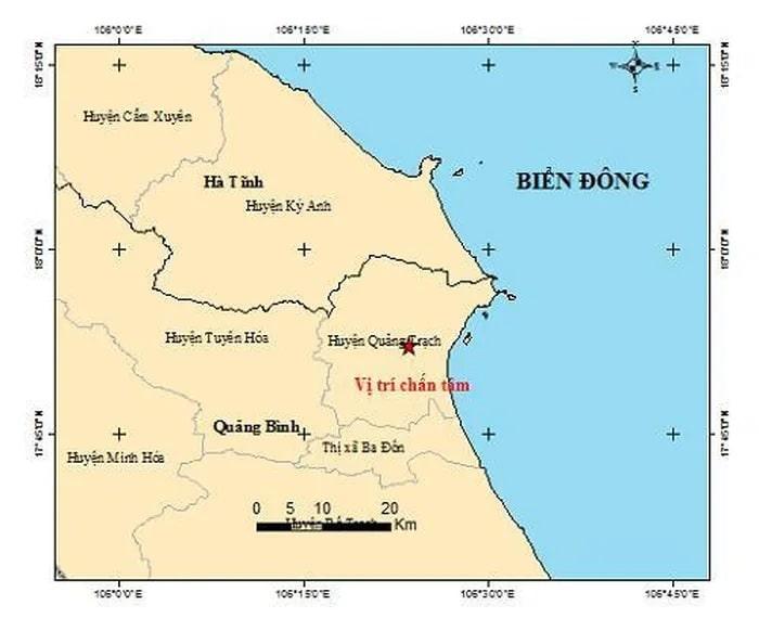 Vi tri xay ra tran dong dat sang nay tai Quang Binh min - Động đất 4.0 độ ở Quảng Bình gây rung lắc mạnh