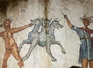 Bức bích họa chính mô tả nhân vật trung tâm là ác thần Cerberus canh giữ địa ngục
