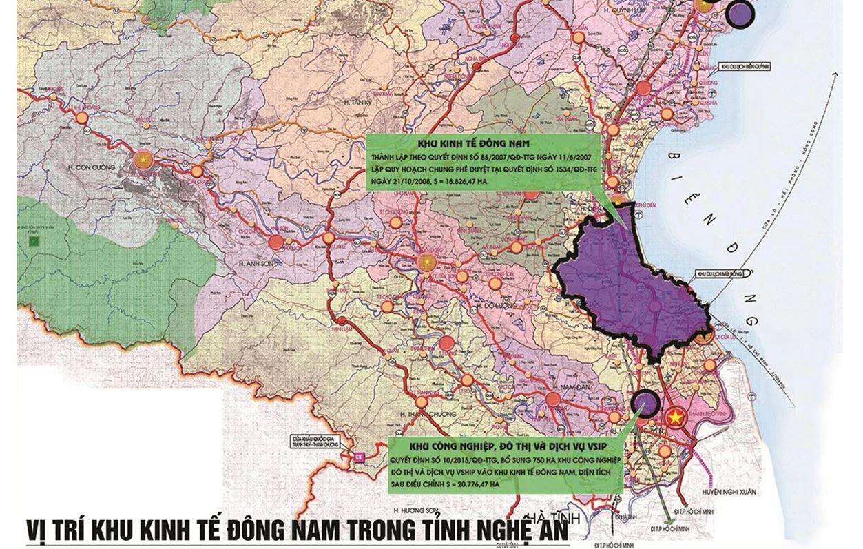 Tỉnh cũng định hướng xây dựng 6 trung tâm đô thị tạo động lực dẫn dắt phát triển gồm: Thành phố Vinh mở rộng là đô thị trung tâm; phát triển thị xã Thái Hòa gắn với Nghĩa Đàn trở thành đô thị động lực, trung tâm vùng phía Tây Bắc; phát triển thị xã Hoàng Mai gắn với Quỳnh Lưu trở thành đô thị trung tâm vùng Nam Thanh Hóa - Bắc Nghệ An, cực tăng trưởng phía Bắc của tỉnh; xây dựng huyện Con Cuông theo hướng đô thị sinh thái, động lực thúc đẩy phát triển của tiểu vùng Tây Nam; nâng cấp đô thị Diễn Châu với chức năng đô thị trung tâm vùng phía Đông; xây dựng đô thị Đô Lương đóng vai trò là điểm kết nối, liên kết giữa các huyện phía Tây với thành phố Vinh, Khu kinh tế Đông Nam và khu vực ven biển của tỉnh. Trước đó, ngày 15/2/2023, thừa ủy quyền của Thủ tướng Chính phủ, Phó Thủ tướng Trần Hồng Hà cũng đã ký Quyết định số 93/QĐ-TTg phê duyệt điều chỉnh tổng thể Quy hoạch chung xây dựng Khu Kinh tế Đông Nam Nghệ An, tỉnh Nghệ An đến năm 2040. Trên quy mô hơn 20.776 ha, Khu Kinh tế Đông Nam Nghệ An được quy hoạch 3 khu vực. Trong đó, khu vực 1 có diện tích quy hoạch hơn 18.826 ha, gồm diện tích tự nhiên của 10 xã thuộc huyện Nghi Lộc (Nghi Hợp (nay thuộc xã Khánh Hợp), Nghi Xá, Nghi Long, Nghi Đồng, Nghi Thuận, Nghi Hưng, Nghi Quang, Nghi Thiết, Nghi Tiến, Nghi Yên), 6 xã thuộc huyện Diễn Châu (Diễn Trung, Diễn Thịnh, Diễn An, Diễn Thọ, Diễn Lộc, Diễn Phú), 2 phường thuộc thị xã Cửa Lò (Nghi Thủy, Nghi Tân).