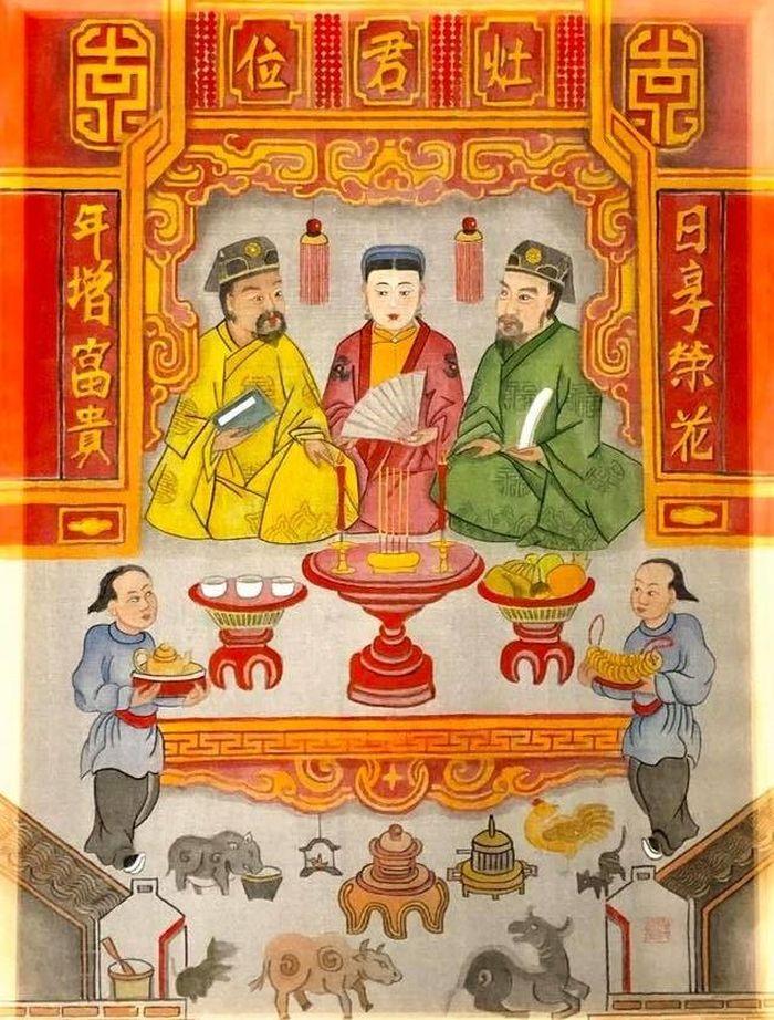 Tranh màu nước vẽ ba vị Táo Quân trong văn hóa truyền thống Việt Nam của họa sĩ Đoàn Thành Lộc.