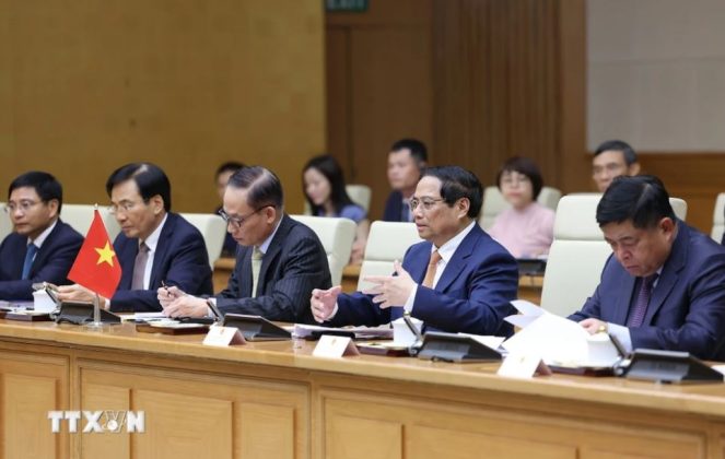 Thủ tướng Phạm Minh Chính phát biểu tại cuộc làm việc với Thủ tướng Lào Sonexay Siphandone.