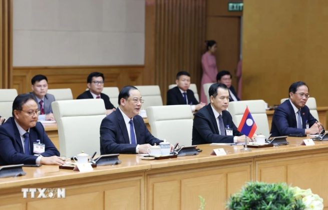 Thủ tướng Lào Sonexay Siphandone phát biểu tại cuộc làm việc với Thủ tướng Phạm Minh Chính.