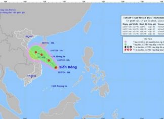 Vùng áp thấp mạnh lên thành áp thấp nhiệt đới ở khu vực giữa Biển Đông