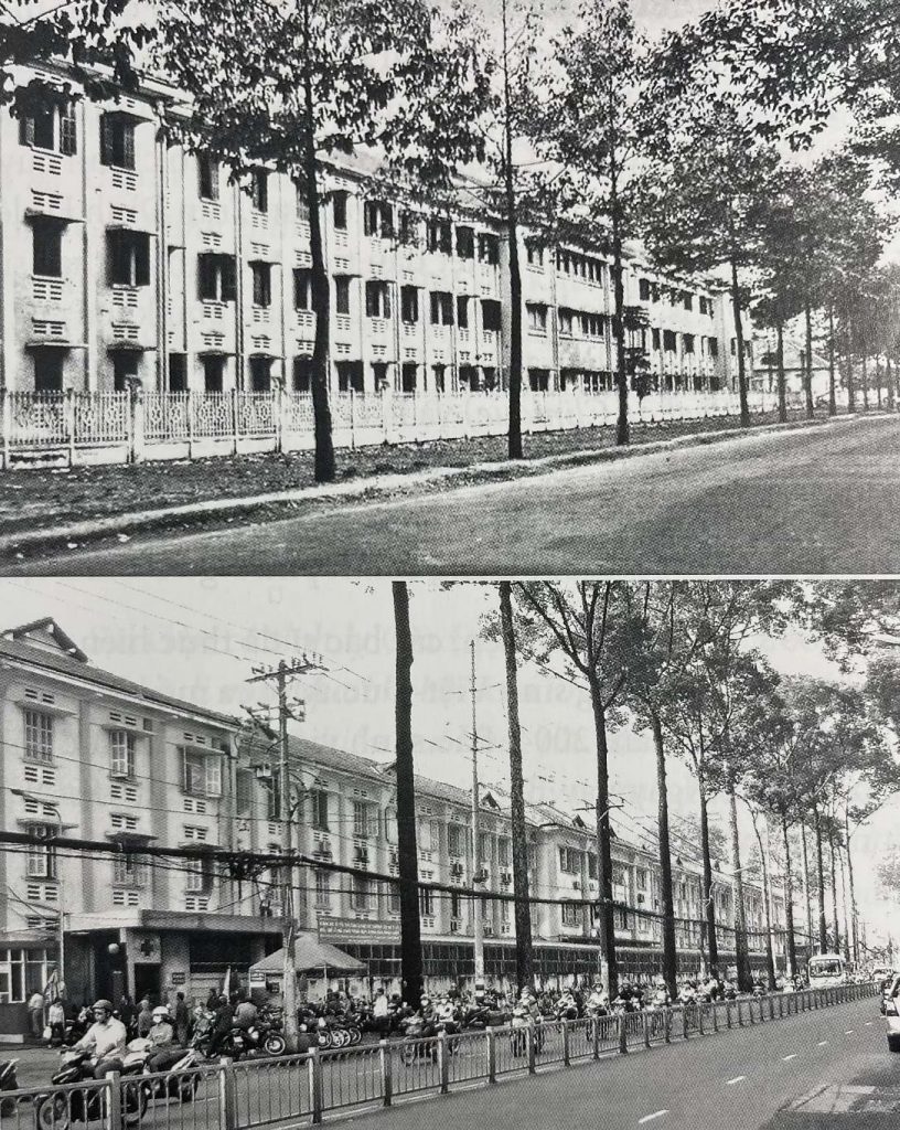 Bảo sanh viện (Maternité) George Béchamps, rue Chasseloup-Laubat (trên) và Bệnh viện Từ Dũ, đường Nguyễn Thị Minh Khai ngày nay (dưới).
