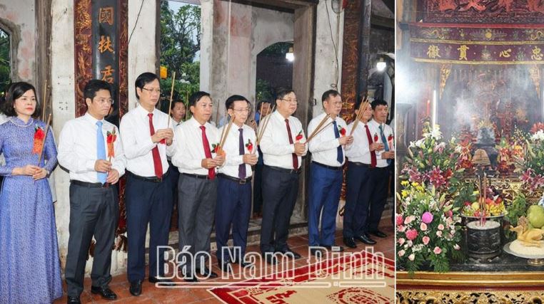 Các đồng chí lãnh đạo tỉnh dâng hương tưởng niệm các vị Vua Trần và 724 năm Ngày mất của Anh hùng dân tộc Trần Hưng Đạo tại Đền Bảo Lộc, xã Mỹ Phúc (thành phố Nam Định).