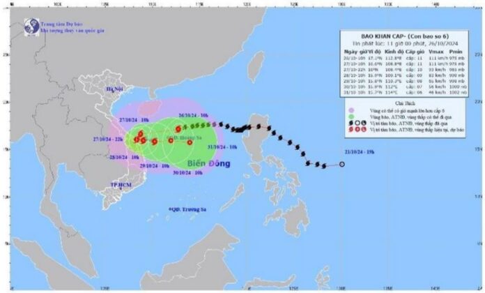 Bão số 6 (Trami) đang cách Đà Nẵng khoảng 510km về phía Đông Đông Bắc
