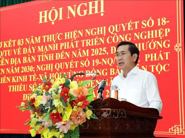 Ông Phạm Văn Hậu, Phó Bí thư Tỉnh ủy Ninh Thuận, báo cáo triển khai thực hiện Nghị quyết số 18 của Ban Chấp hành Đảng bộ khóa XIV.