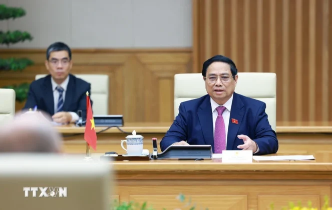 Thủ tướng Phạm Minh Ch&iacute;nh ph&aacute;t biểu tại cuộc tiếp kiến Quốc vương Campuchia Norodom Sihamoni. (Ảnh: Dương Giang/TTXVN)