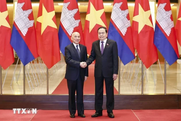 Chủ tịch Quốc hội Trần Thanh Mẫn tiếp kiến Quốc vương Campuchia Norodom Sihamoni. (Ảnh: Do&atilde;n Tấn/TTXVN)