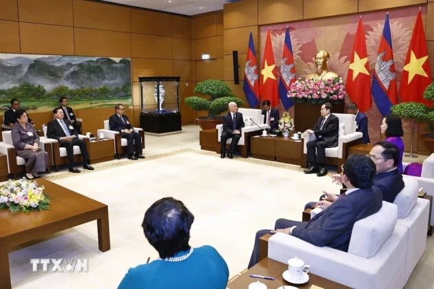 Chủ tịch Quốc hội Trần Thanh Mẫn tiếp kiến Quốc vương Campuchia Norodom Sihamoni. (Ảnh: Do&atilde;n Tấn/TTXVN)
