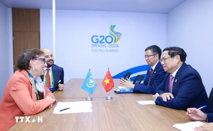 Thủ tướng Phạm Minh Ch&iacute;nh gặp b&agrave; Rebeca Grynspan, Tổng Thư k&yacute; Hội nghị Li&ecirc;n hợp quốc về Thương mại v&agrave; Ph&aacute;t triển (UNCTAD). (Ảnh: Dương Giang/TTXVN)