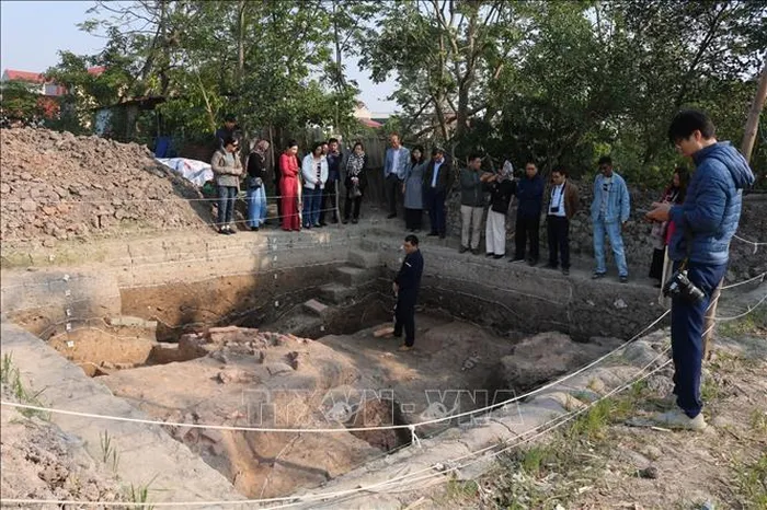 Các chuyên gia, nhà nghiên cứu tại hố khai quật.