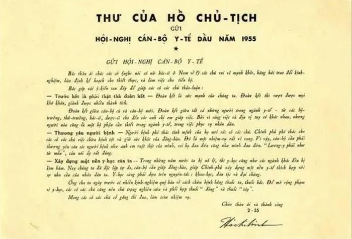 Bức thư Chủ tịch Hồ Chí Minh gửi Hội nghị cán bộ y tế ngày 27/2/1955 là nguồn gốc ra đời Ngày Thầy thuốc Việt Nam 27/2. Ảnh: Tư liệu