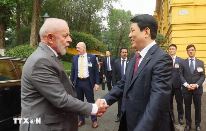 Chủ tịch nước Lương Cường đ&oacute;n Tổng thống Brazil Luiz In&aacute;cio Lula da Silva.