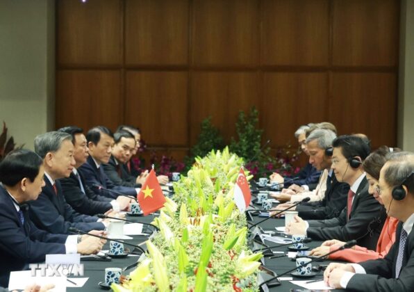 Tổng B&iacute; thư T&ocirc; L&acirc;m v&agrave; Thủ tướng Cộng h&ograve;a Singapore, Tổng Thư k&yacute; Đảng H&agrave;nh động nh&acirc;n d&acirc;n Singapore (PAP) Lawrence Wong hội đ&agrave;m.