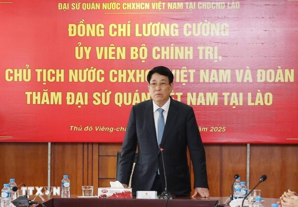 Chủ tịch nước Lương Cường với c&aacute;n bộ, nh&acirc;n vi&ecirc;n Đại sứ qu&aacute;n Việt Nam tại L&agrave;o.